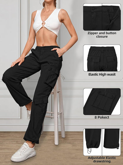 Women Pants High Waisted Cargo Pants Combat Military Wide Leg Casual Trousers 8 Pockets