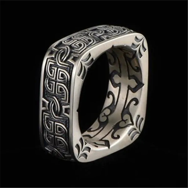 Vintage Carved Pattern 925 Silver Square Rings for Mens Punk Rings Silver Jewelry