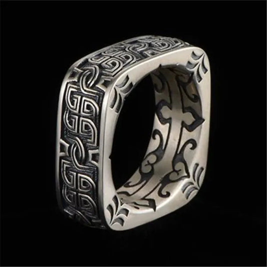 Vintage Carved Pattern 925 Silver Square Rings for Mens Punk Rings Silver Jewelry