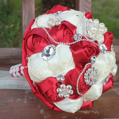 18CM Bride Holding Flowers Shiny Diamond Brooch Pearl Wedding Bouquet Mixed Color Satin Rose Bridesmaid Bouquet Customizable