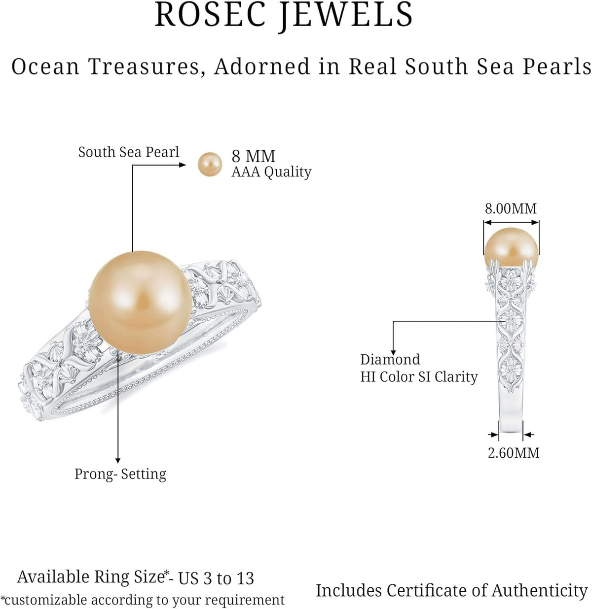 Real Golden Pearl Diamond Engagement Ring, AAA Quality, South Sea Pearl Flower Ring - Ready to Gift