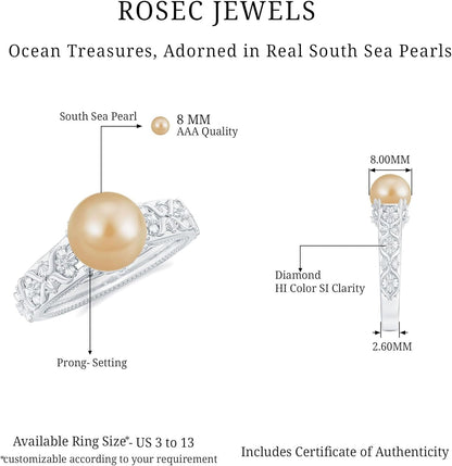 Real Golden Pearl Diamond Engagement Ring, AAA Quality, South Sea Pearl Flower Ring - Ready to Gift