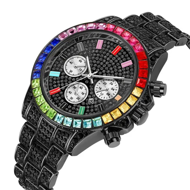 Men Watch Luxury Brand  Mens Gold men Watch Quartz Clock Chronograph colorful Diamond Steel Iced Out Watch Reloj Hombre