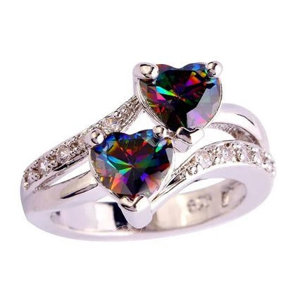 Fashion Lover Jewelry Heart Cut Rainbow & White Topaz Gemstone Silver Ring Size 5 6 7 8 9 10 11 12 13 HANNAH MARTIN