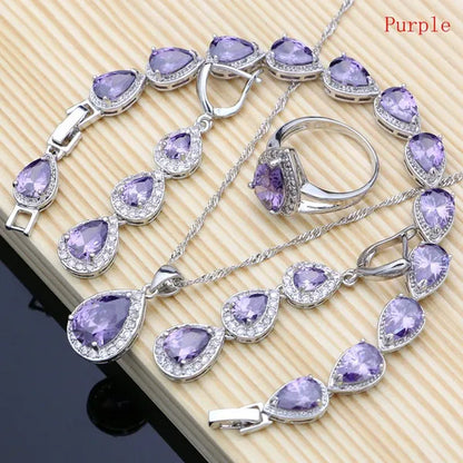 Water Drop 925 Sterling Silver Jewelry Red Ruby White Topaz Jewelry Sets Women Earrings/Pendant/Necklace/Rings/Bracelet