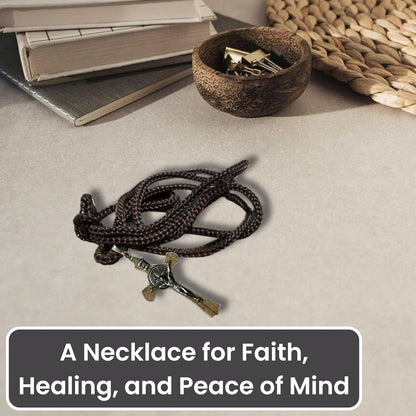 Saint Benedict Medal Wood Crucifix Cord Necklace for Men & Women – Handcrafted Religious Pendant, Healing, Travel Protection, Perfect for Gifting on Special Occasions, Made in Brazil