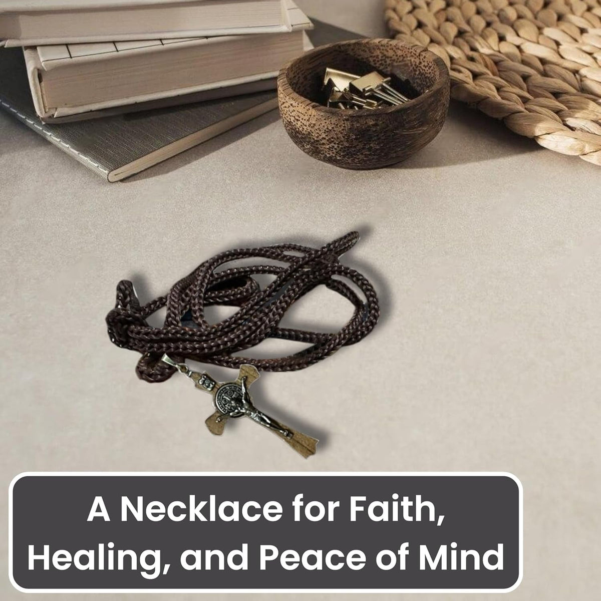 Saint Benedict Medal Wood Crucifix Cord Necklace for Men & Women – Handcrafted Religious Pendant, Healing, Travel Protection, Perfect for Gifting on Special Occasions, Made in Brazil