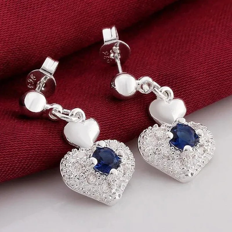 925 Sterling Silver Heart Blue Zircon Crystal Pendant Necklace Earrings for Women Party Wedding Jewelry Set