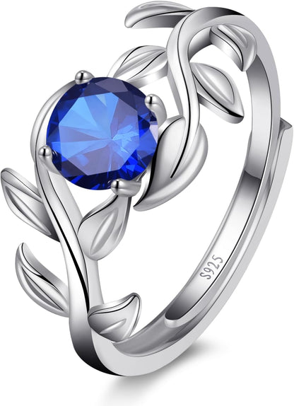 Adjustable Women Leaf|Wheat Grain|Filigree Ring 925 Sterling Silver Created Ruby|Sapphire|Cubic Zirconia Engagement Ring for Women Promise Wedding Ring Anniversary Valentines Open Size 5-9