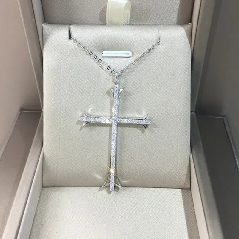 925 Sterling Silver Religious Cross Long Pendant Necklace Moissanite Charm Necklace for Women Fashion Necklace Unisex Party Banquet Fine Jewelry Personality Valentine Gift