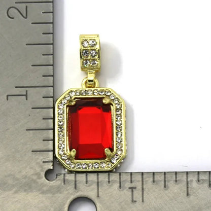 Men'S 14K Gold Plated High Fashion 2 Square Simulated Ruby Pendant 4Mm 30" & 24" Rope Chains Necklace