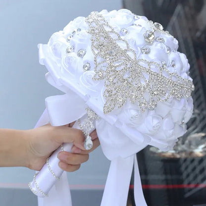 21cm Artificial Ribbon Rose Brooch Bouquets Crystal Handmade Bride Wedding Silk Flower Bouquet Party Rhinestone Bridal Bouquet Wedding Accessories