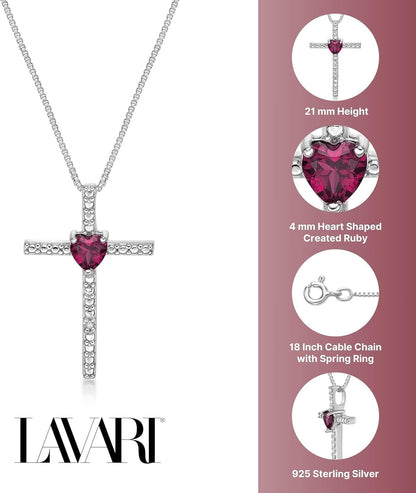 Lavari - Heart Gemstone and Diamond Sterling Silver Cross Pendant 18"…