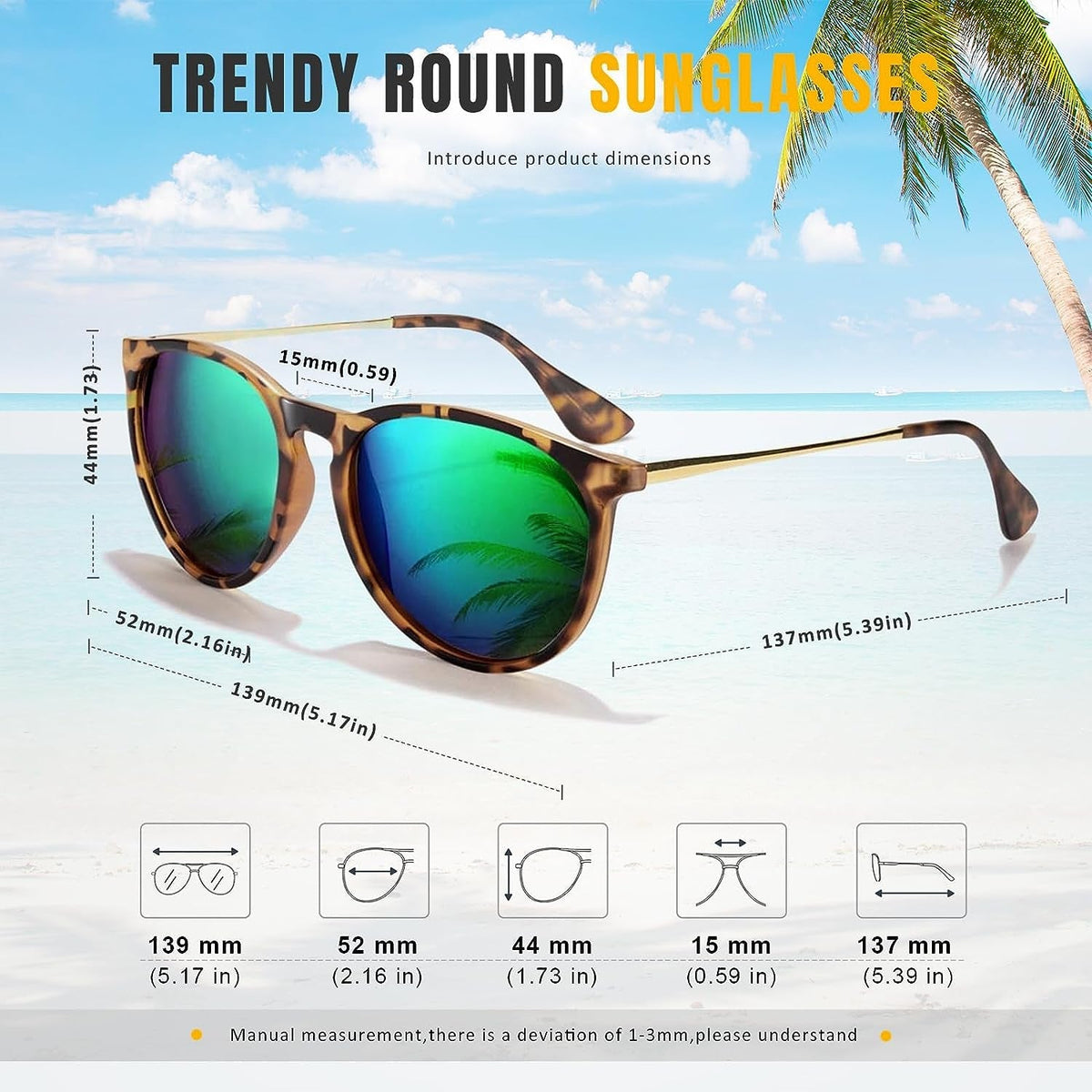 Sunglasses Womens Men Polarized UV Protection Trendy Vintage Retro Round Mirrored Lens Sunglasses For Women