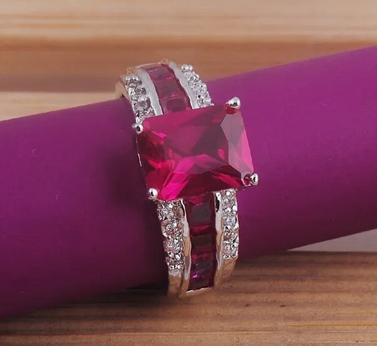 Fashion Princess cut Ruby gemstones 925 sterling silver ring size7 8 9 M329