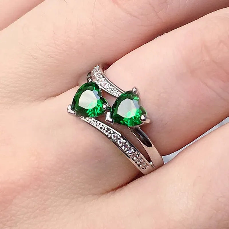 Fashion Elegance Silver Color Double Heart-Shaped Zircon Birthstone Bridal Princess Wedding Engagement Party Ring Size 5-11