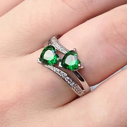 Fashion Elegance Silver Color Double Heart-Shaped Zircon Birthstone Bridal Princess Wedding Engagement Party Ring Size 5-11