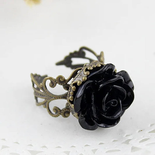 Gothic Black Rose Resin Vintage Hollow Out Alloy Rings fashion jewelry accessories