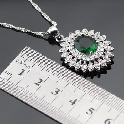Flower Shaped 925 Silver Jewelry Sets Green Zircon Necklace Pendant Drop Earrings Ring For Women  Dating Gift