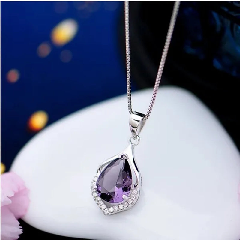 Fashionable and Noble 925 Pure Silver Diamond Lady Necklace Long Pendant Elegant Natural Amethyst Clavicle Chain