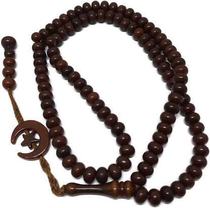 Islam Prayer Tasbih 99 Beads AMN-303 Muslim 8 Mm. Rosary Bead Moon Star Decorated Tassels Haj Eid Ramadan Gift (Brown)