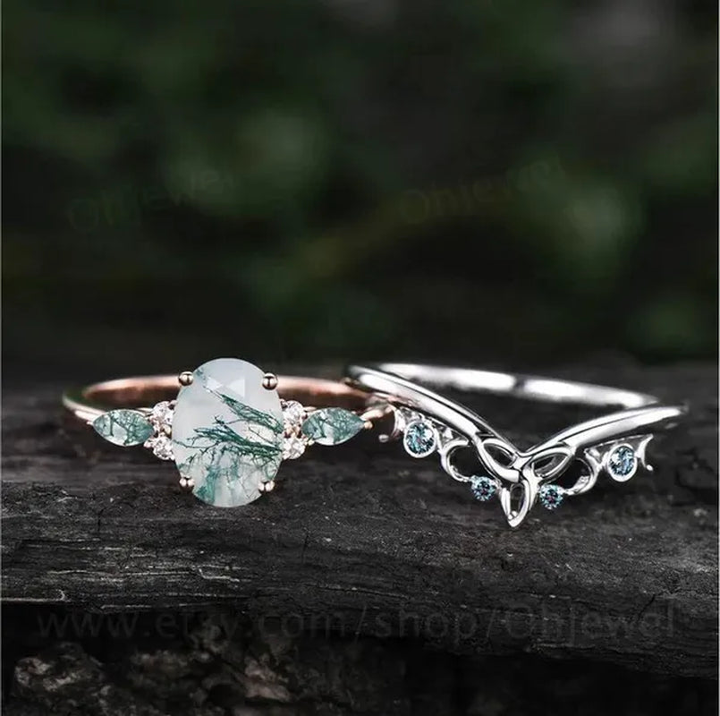 Exquisite Women's Fashion Two Tone Silver & Rose Gold Oval Cut Green Moss Agate & Blue Sapphire Ring Set Anniversary Gift Engagement Wedding Rings Jewelry Size 5-10