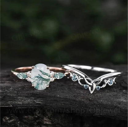 Exquisite Women's Fashion Two Tone Silver & Rose Gold Oval Cut Green Moss Agate & Blue Sapphire Ring Set Anniversary Gift Engagement Wedding Rings Jewelry Size 5-10