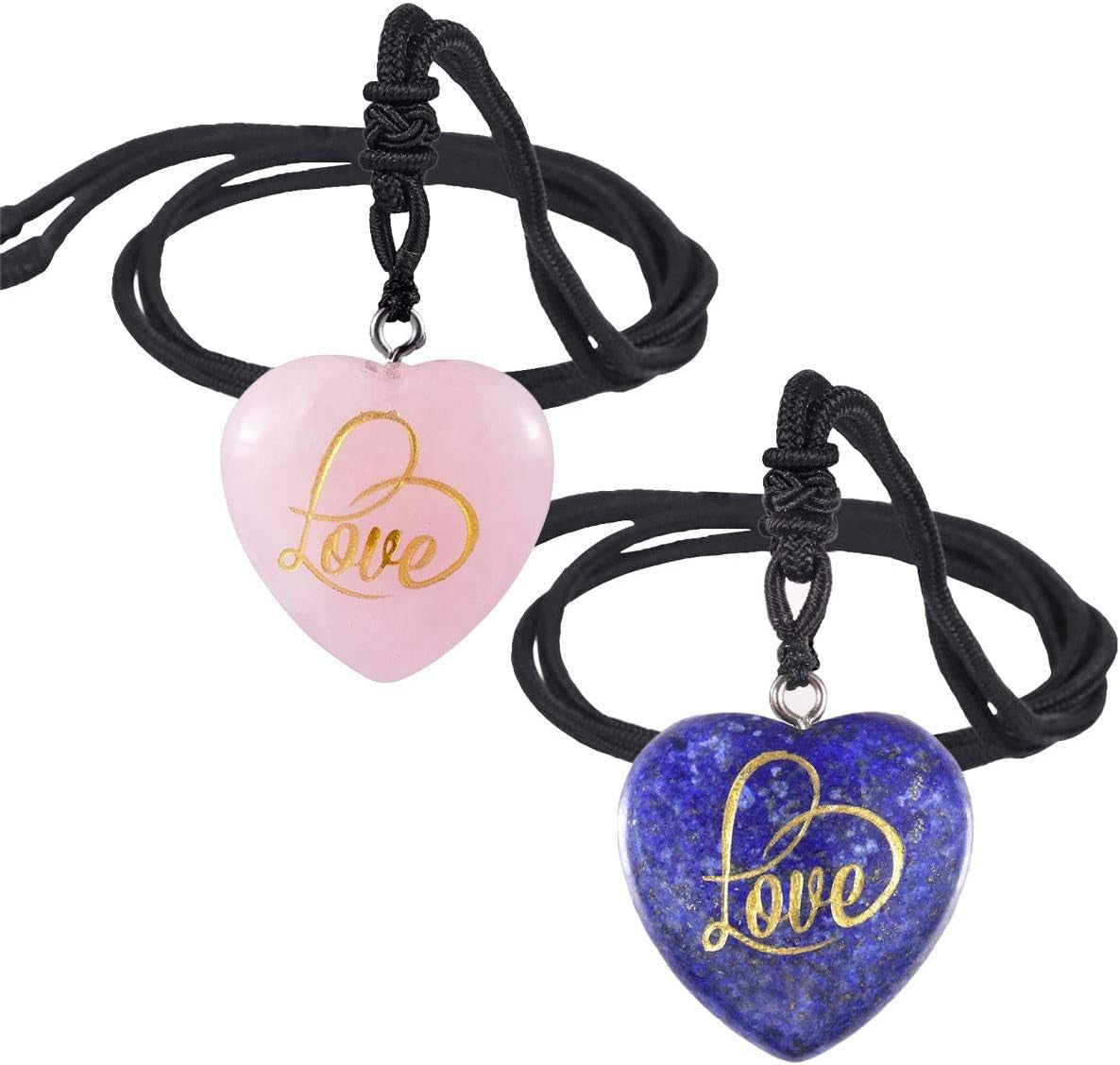 Carved LOVE Heart Stone Pendant Necklace for Women Men, Healing Crystal Point Necklaces for Unisex, Adjustable 18"-26" Strand, Pack of 2