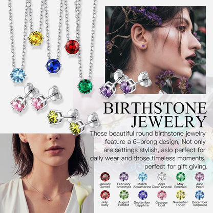 925 Sterling Silver 6 Prong Birthstone Necklace/Stud Earrings, Dainty Small Crystal Jewelry for Women (With Gift Box)