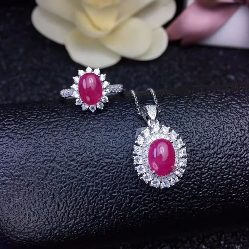 Classic ruby ring pendant jewelry set for party 6 mm *8 mm Cabochon cut ruby jewelry set solid 925 silver ruby jewelry girl gift