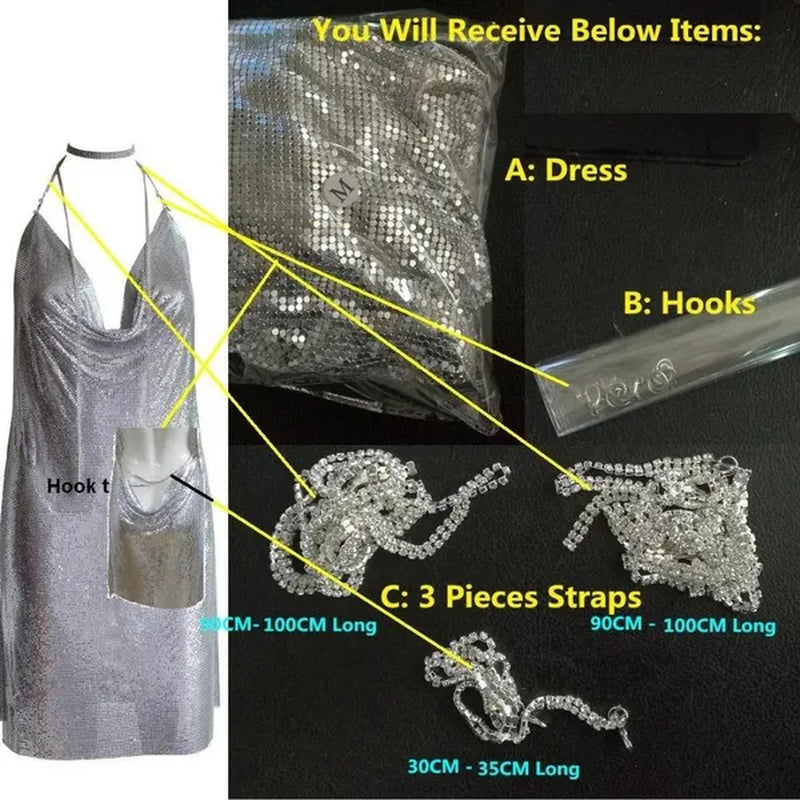 Club Women Party Dress Kendall Jenner Metal Mesh Spaghetti Strap Sheath Draped Hollow Out Spark Diamonds Neck Halter