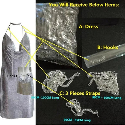 Club Women Party Dress Kendall Jenner Metal Mesh Spaghetti Strap Sheath Draped Hollow Out Spark Diamonds Neck Halter