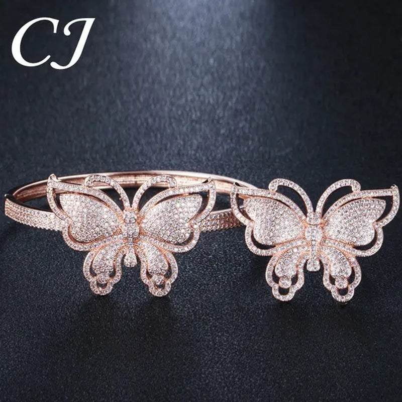 CANDICE High Quality Rose White Gold Plated Full Pave Tiny Crystal Stone Big Butterfly Shape Ring and Bangle Bracelet Party Jewelry Set for Women Christmas Gift