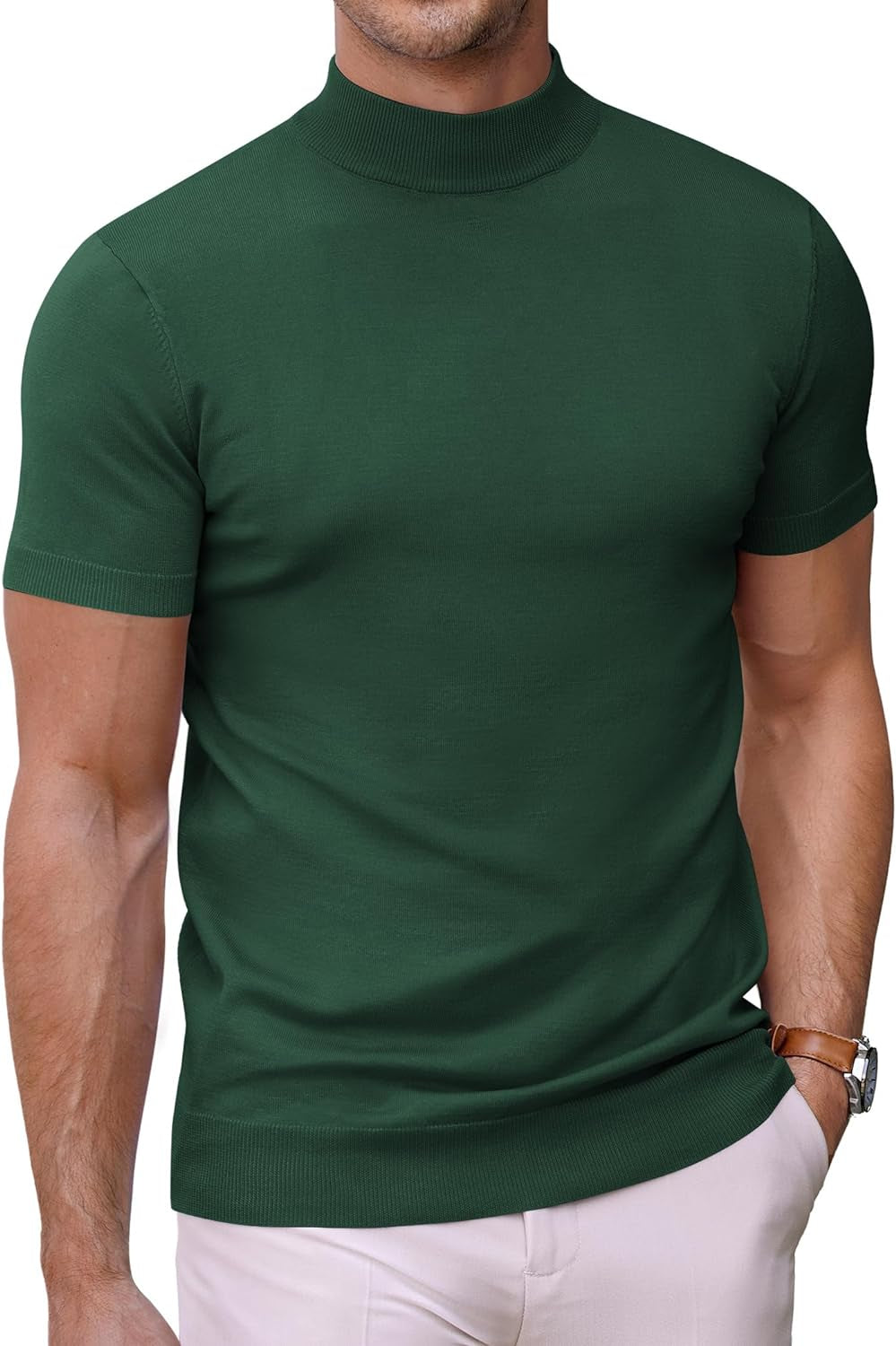 Mens Mock Turtleneck Sweater Short Sleeve Solid Color T-Shirts Basic Slim Fit Knitted Pullover Tees