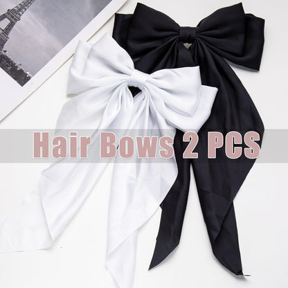 Hair Bows 2 PCS Ribbon Bow for Women and Girls, Oversized Long-Tail Cute Aesthetic, Large Hair Barrettes (Black White)