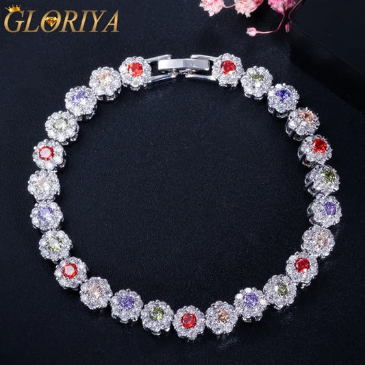 Gloriya Exquisite Silver Plated Fashion Hand Jewelry Pave Twinkling Multi Color Cubic Zirconia Crystal Party Flower Tennis Bracelet for Women (Free Extension)