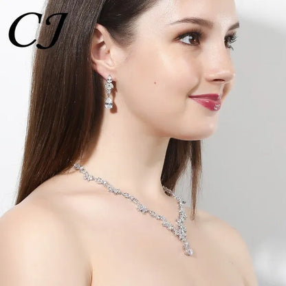 CANDICE Luxurious Classy White Gold Plating Bridal Crown Tiara Necklace Earrings Sets Pave Water Drop Cubic Zirconia Wedding Jewelry Set for Brides