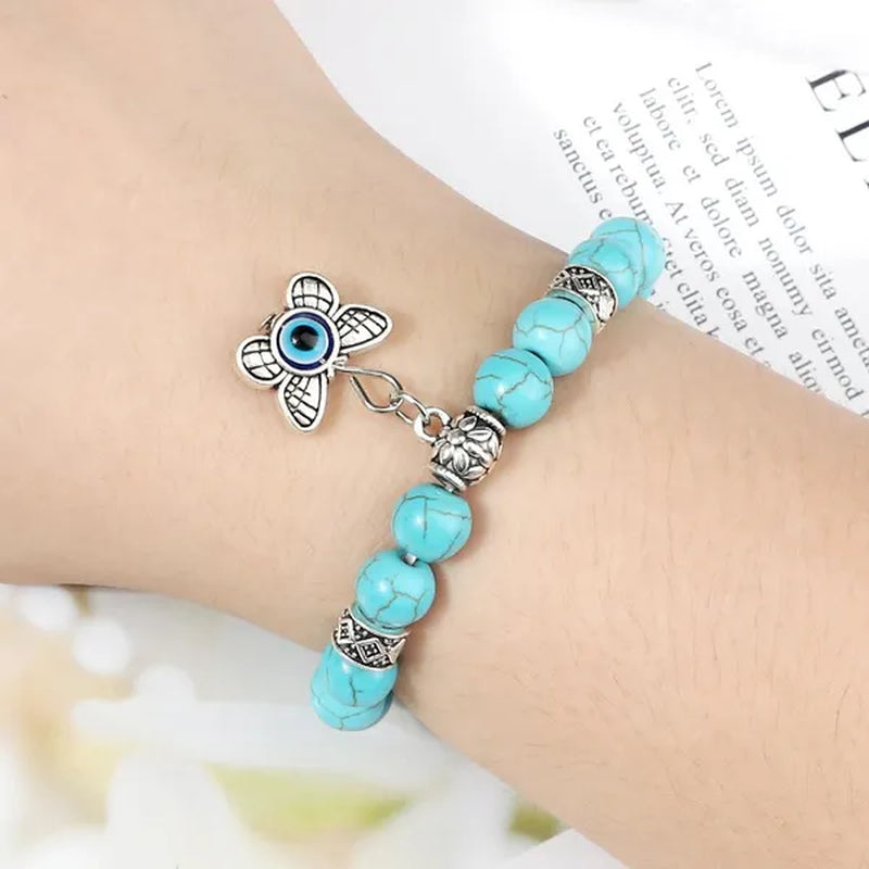 Turkey Evil Eye Beaded Bracelets Butterfly Buddhist Palm Hand Owl Turtle Alloy Pendant Bracelet Women Men Lucky Stretch Bangles Jewelry