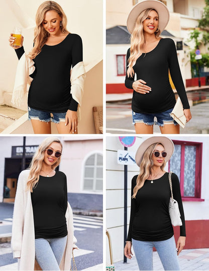 Womens Maternity Shirts Long Sleeve 3 Packs Pregnancy Tee Top Tunic Blouse Casual Mama Clothes S-XXL
