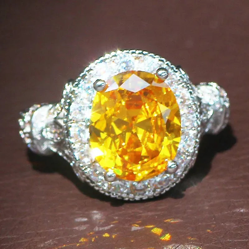 Luxurious  Silver Natural Gemstones Yellow Diamond Topaz Wedding Birthstone Bride Flower Engagement Ellipse Ring Jewelry Size 678910