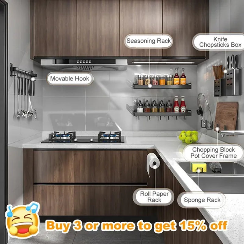 Kitchen Storage Shelf Wall-mounted Spice Racks Space Aluminum Multifunctional Punch-free Kitchen Shelf Kitchen Organizer