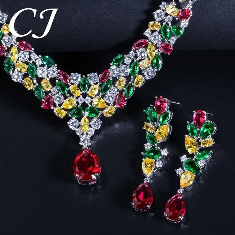 CANDICE Noble Red Crystal Water Drop Pendant Necklace and Dangle Earrings Pave Multi Shape Colorful CZ Stone Women Wedding Party Dress Jewelry Set