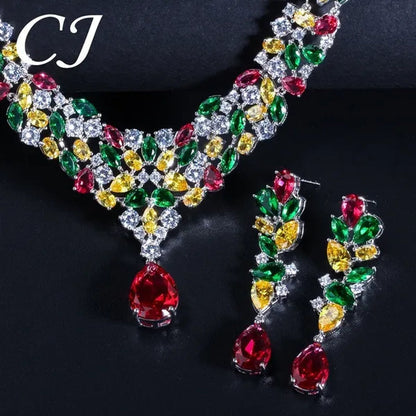 CANDICE Noble Red Crystal Water Drop Pendant Necklace and Dangle Earrings Pave Multi Shape Colorful CZ Stone Women Wedding Party Dress Jewelry Set