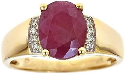 10K Yellow Gold 3Ct Genuine Opaque Ruby Ring with Diamonds for Women | Ethically, Authentically & Organically Sourced (Oval) Shaped Ruby Hand-Crafted Jewelry for Her | Ruby Ring for Women