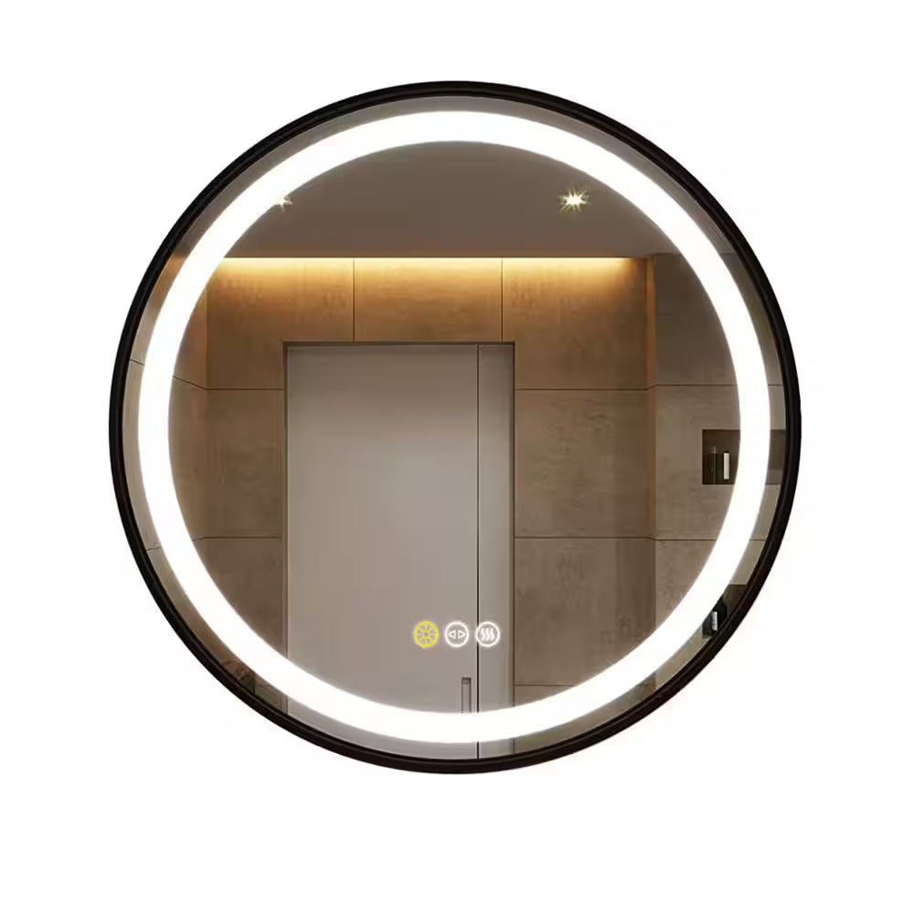 24 In. W X 24 In. H round Aluminum Framed Antifog 3-Color Dimmable LED Lighted Wall Hanging Bathroom Vanity Mirror Black