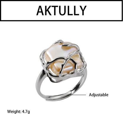 Baroque 18K Gold Pearl Statement Ring - Adjustable Chunky Pearl Wedding Jewelry for Women