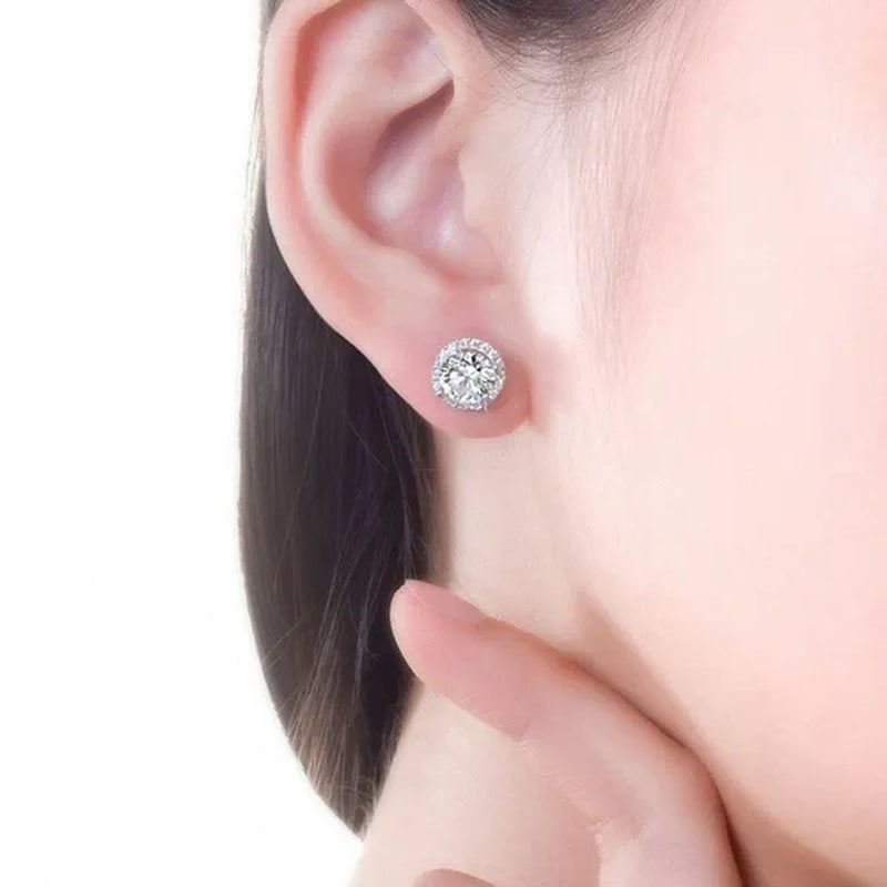 1.25ct Round Moissanite White Diamond Halo Brilliant Cut Stud Earrings 18K White Gold Earrings