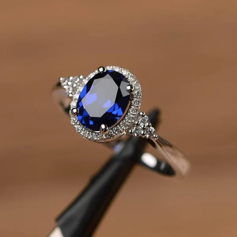 Fashion Silver Plated Blue Zircon Ring Women's Luxury Engagement Wedding Party Zircon Ring Jewelry Size:4-11