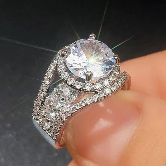 Exquisite Silver Plated Side Micro Inlay Moissanite Diamond Ring for Women Romantic Wedding Bridal Promise Eternity Jewelry