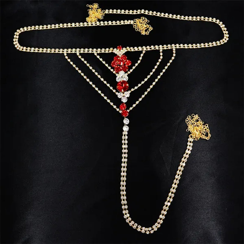 Sexy Body Chain Lingerie Red Crystal Thong Panties Jewelry for Women Silver Color Rhinestone Belly Waist Chain Body Jewelry